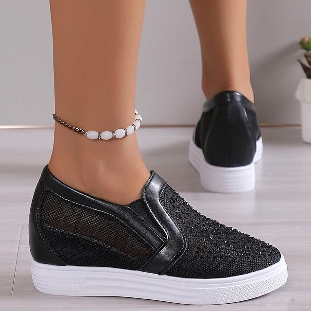 Women's White Slip-On Sneakers with Rhinestone Mesh Design