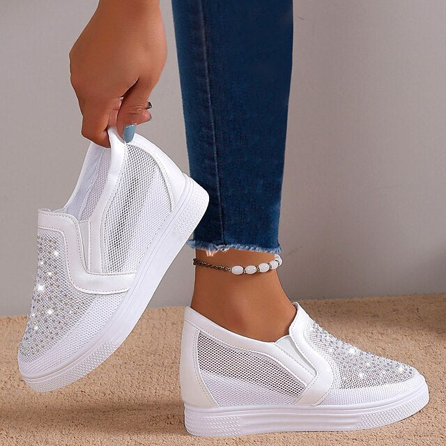 Women's White Slip-On Sneakers with Rhinestone Mesh Design
