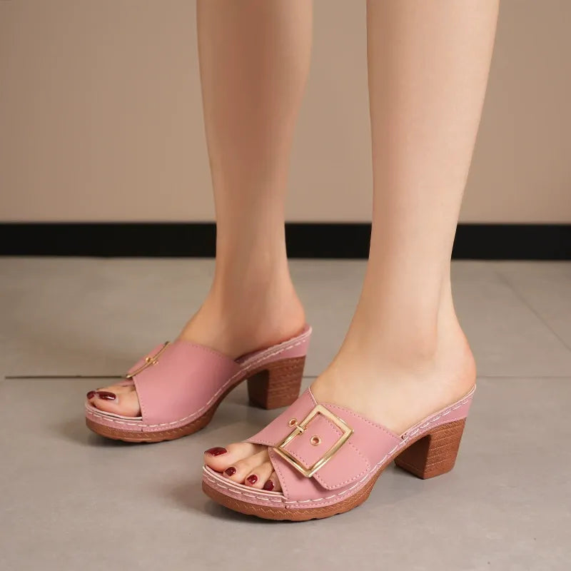🔥Last Day 60% OFF - Large size mid-heel metal buckle slippers