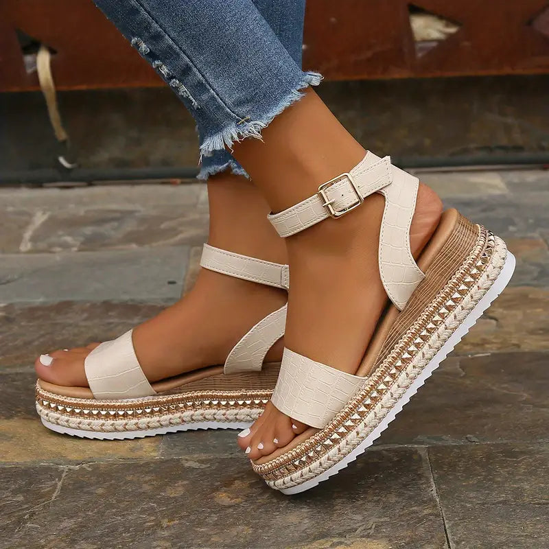 Rivet Open Toe Wedge Sandals