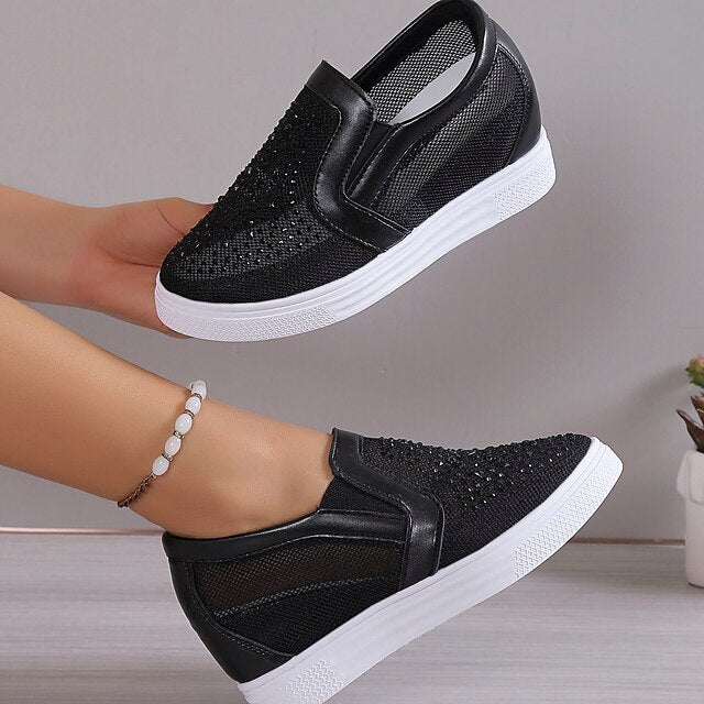 Women's White Slip-On Sneakers with Rhinestone Mesh Design
