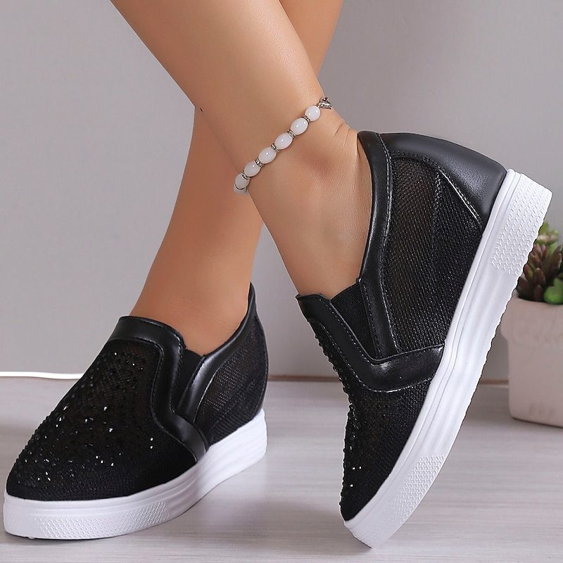 Women's White Slip-On Sneakers with Rhinestone Mesh Design