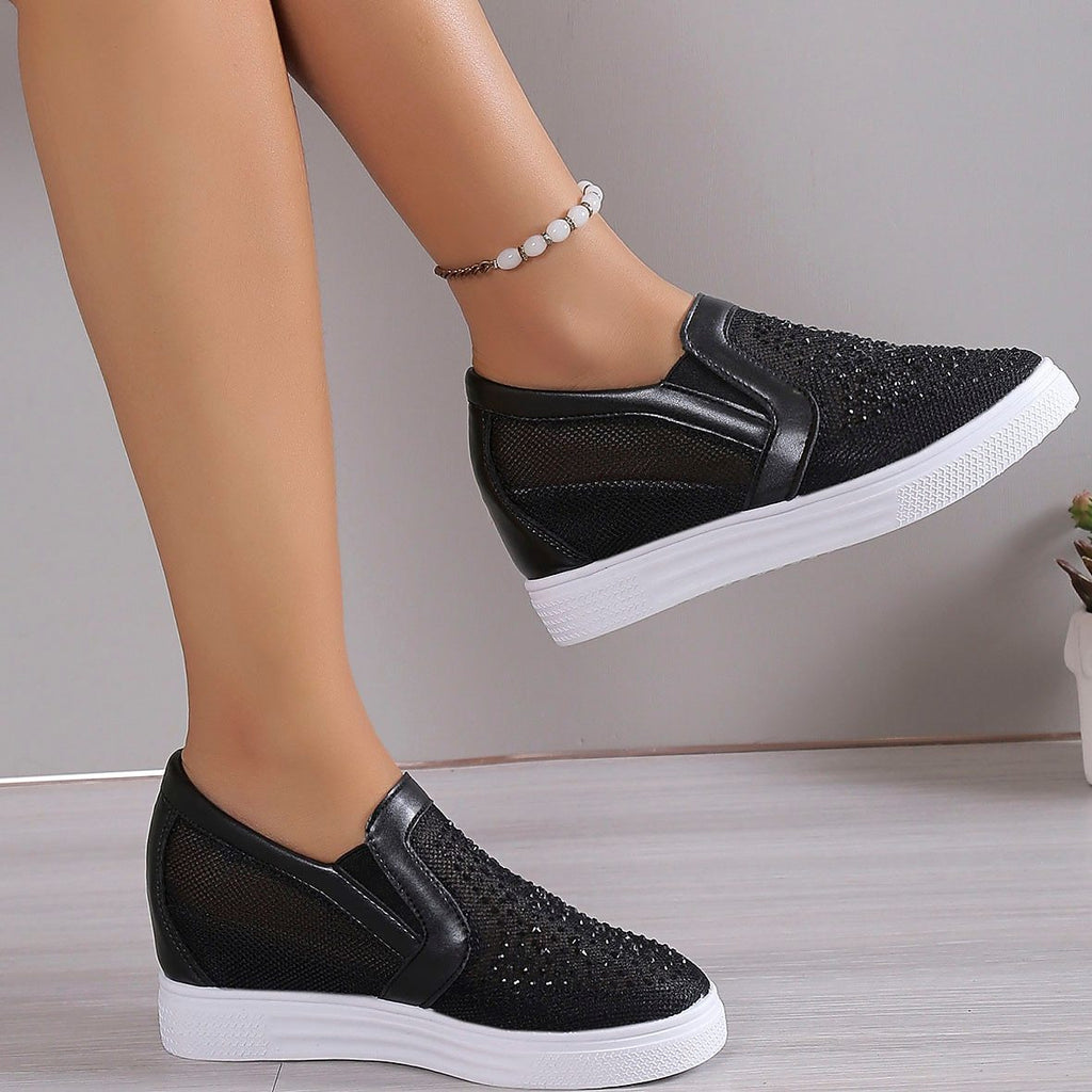 Women's White Slip-On Sneakers with Rhinestone Mesh Design