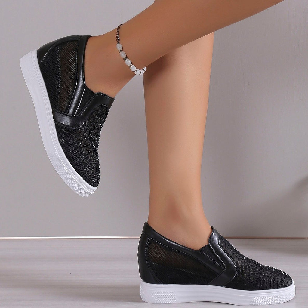 Women's White Slip-On Sneakers with Rhinestone Mesh Design