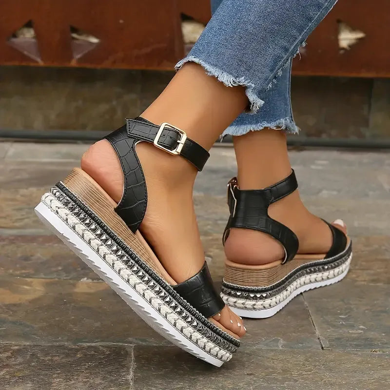 Rivet Open Toe Wedge Sandals