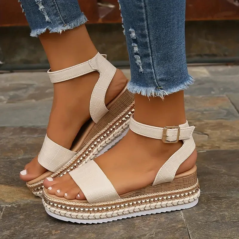 Rivet Open Toe Wedge Sandals