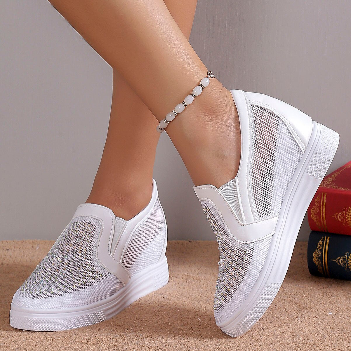 Women's White Slip-On Sneakers with Rhinestone Mesh Design
