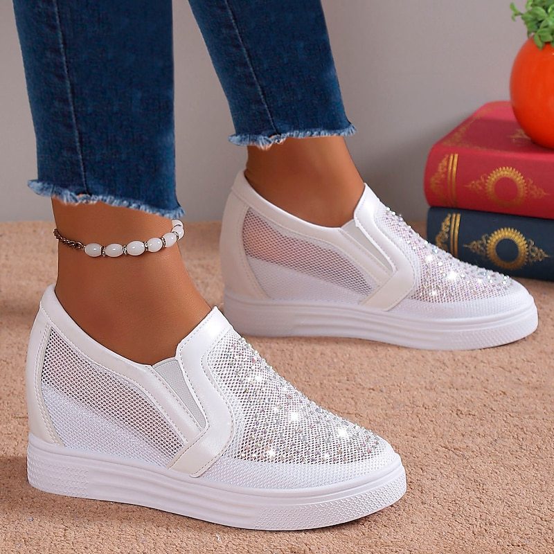 Women's White Slip-On Sneakers with Rhinestone Mesh Design