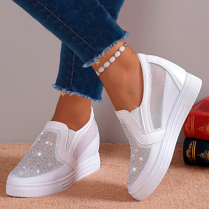 Women's White Slip-On Sneakers with Rhinestone Mesh Design